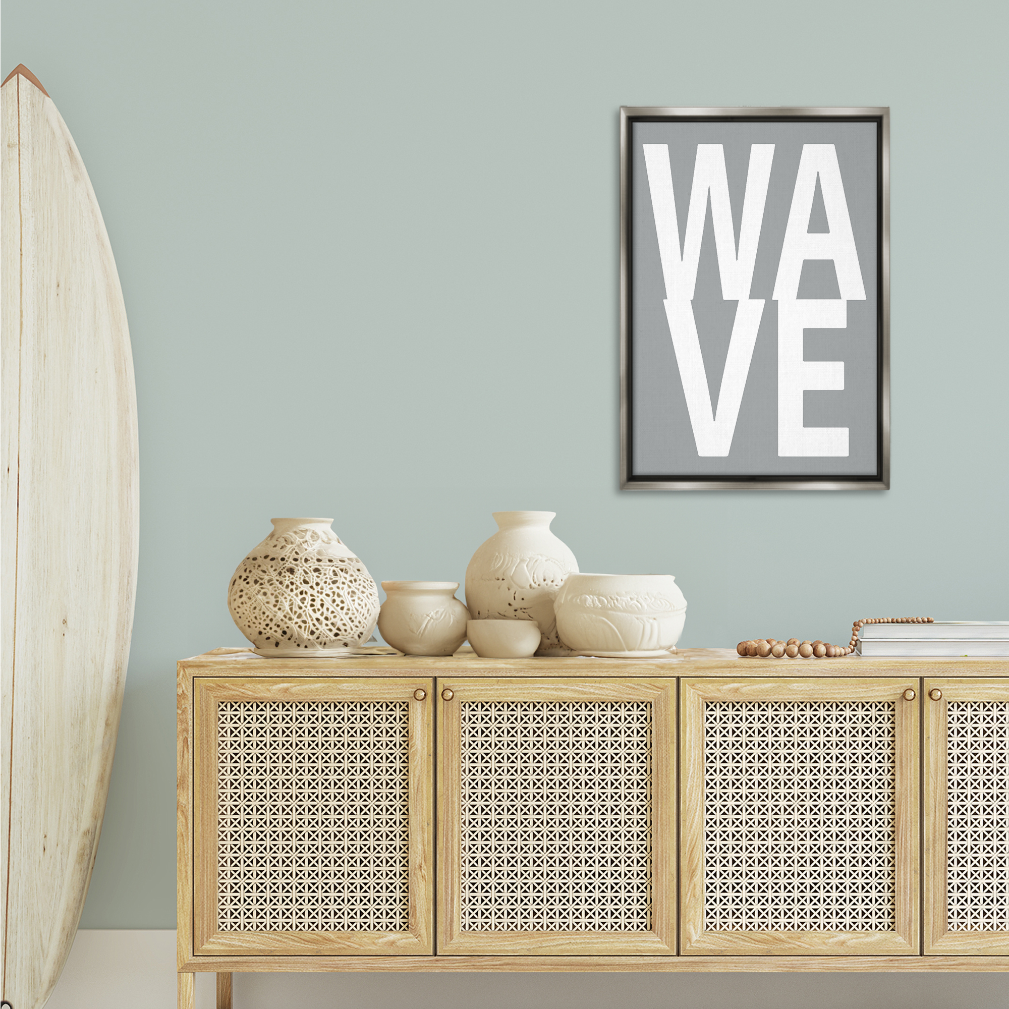 Stupell Industries Wave Word on Grey Typography Painting Gray Floater Framed Art Print Wall Art, 21 x 31