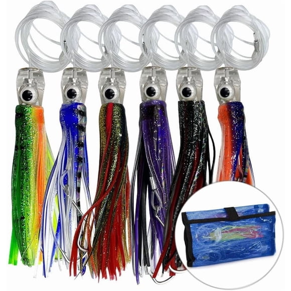 Saltwater Trolling Lures Set - 6PCS 6.5 Inch Squid Skirted with 8/0 Carbon Steel Hooks, Storage Bag - Deep Sea Baits for Tuna & Trout - Appropriate for Freshwater & Saltwater - Size: 16cm