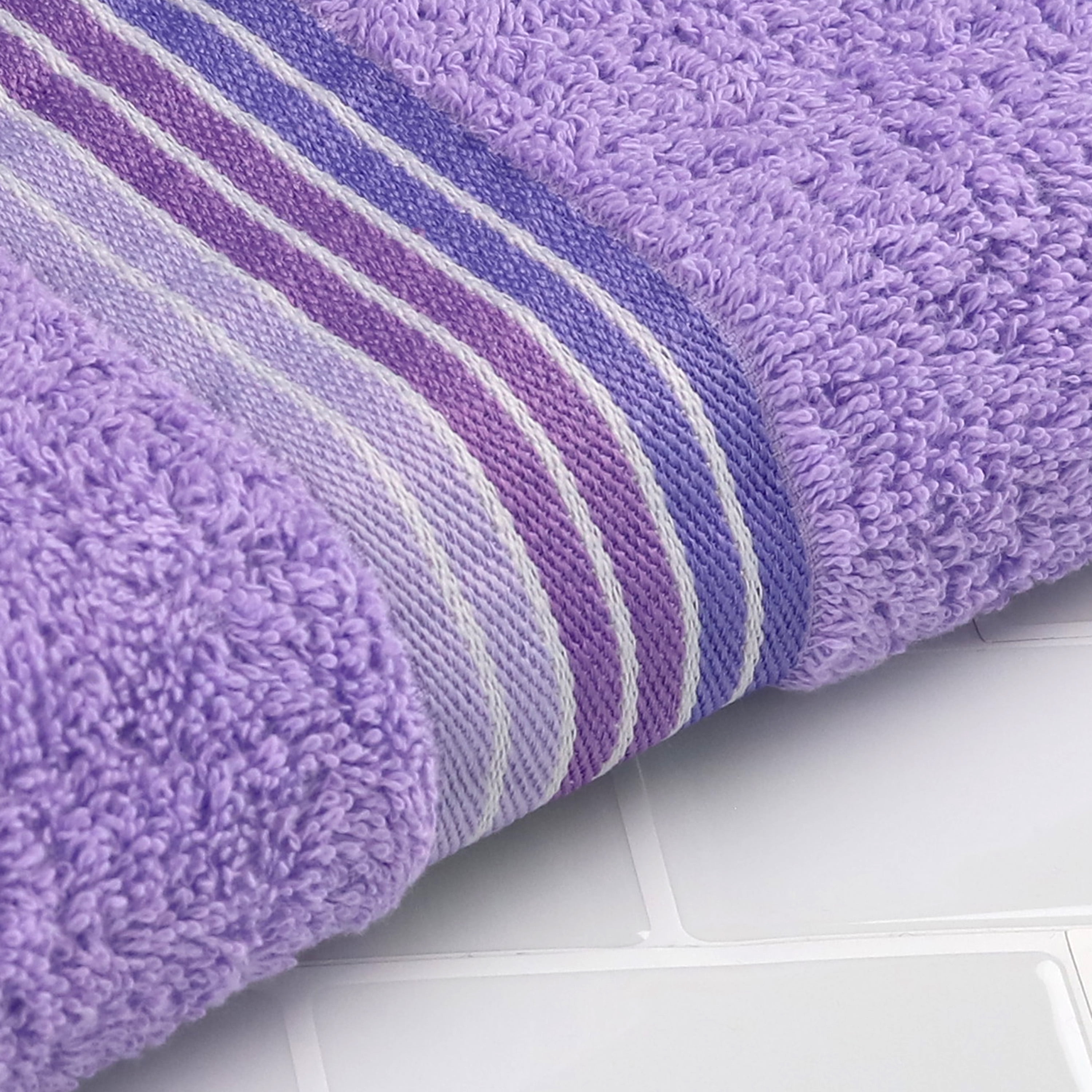 (2 pack) Mainstays Basic Bath Towel, Soft 100%  Cotton and Highly Absorbent Striped Bath Towel, Purple