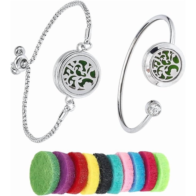 1 Box 2 Sets Tree of Life Essential Oil Bracelet Blank Bangles bulk with 10Pcs Refill Pads Stainless Steel Aromatherapy Diffuser Locket Adjustable Band Jewelry for Women Birthday Gifts Adult