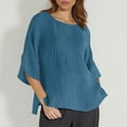 thumbnail image 2 of Women's Linen T-Shirt Casual 3/4 Sleeve Crew Neck Pleated Summer Blouse Loose Fit Tunic Basic Solid Color Top, 2 of 2