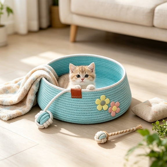 Round Cotton Rope Woven Pet Bed Washable Scratch Resistant Sleeping Basket Decorative Nest for Small Cats Tiny Dogs 0.5-3kg Indoor Use, Blue 35x13cm