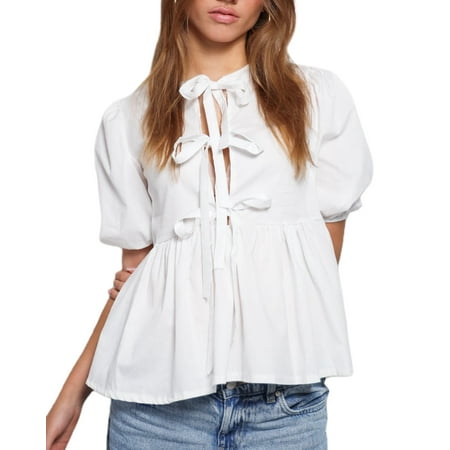 Women Y2K Peplum Tops Puff Short Sleeve Lace Up Tie Open Front Ruffle Hem Blouse Shirt Summer Going Out Cute Babydoll Tops