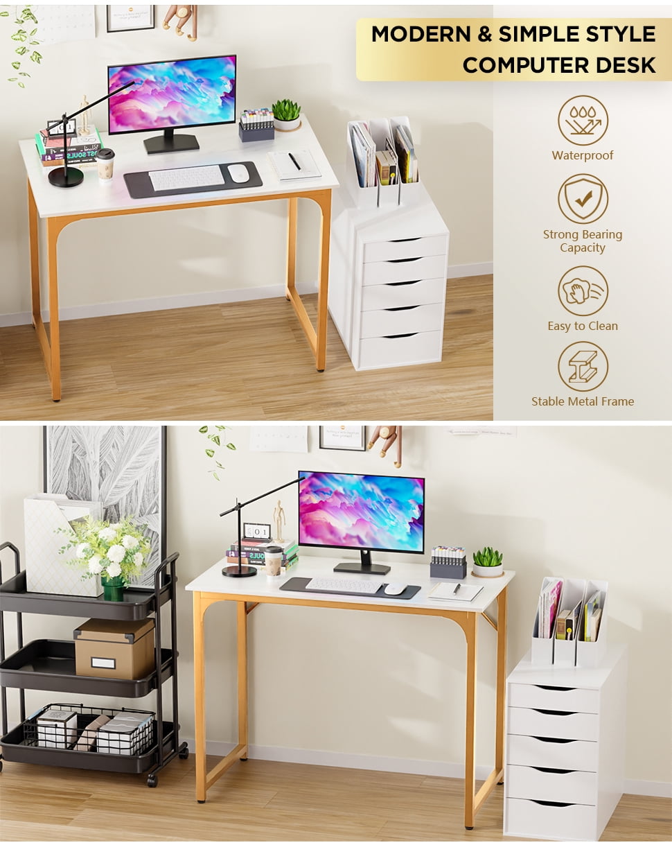 XF XINFENG 40 inch Computer Desk Modern Writing Simple Study Table, Industrial Sturdy Laptop Table for Home Office Floors , Adult Teen Child, White, Gold