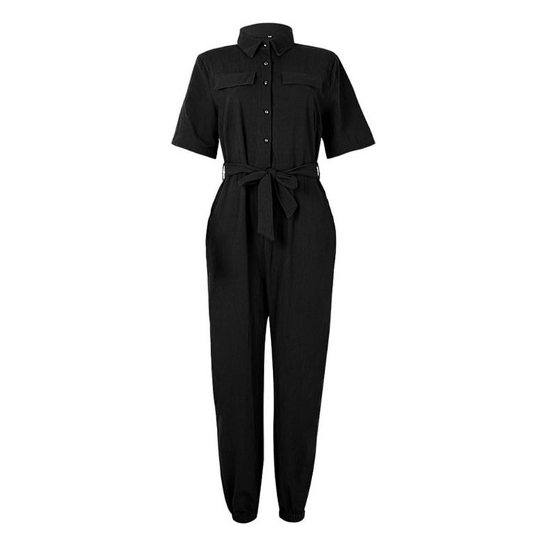 Jumpsuits For Women Summer Casual Short Sleeve Lapel Button Down Belt Work  Jumpsuit Rompers With Pockets