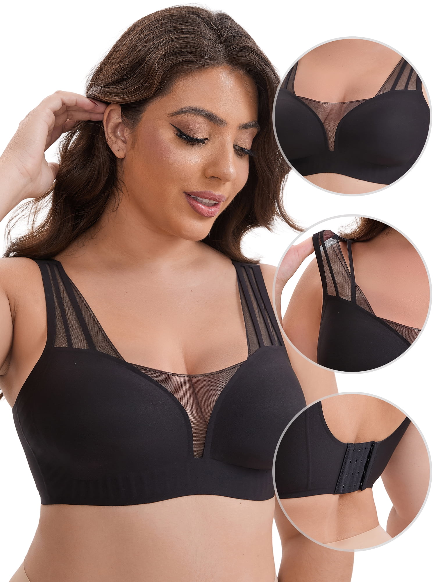 DARING DIVA Mesh Wireless Push Up Wide Straps V-Neck Lightweight Bra M Black
