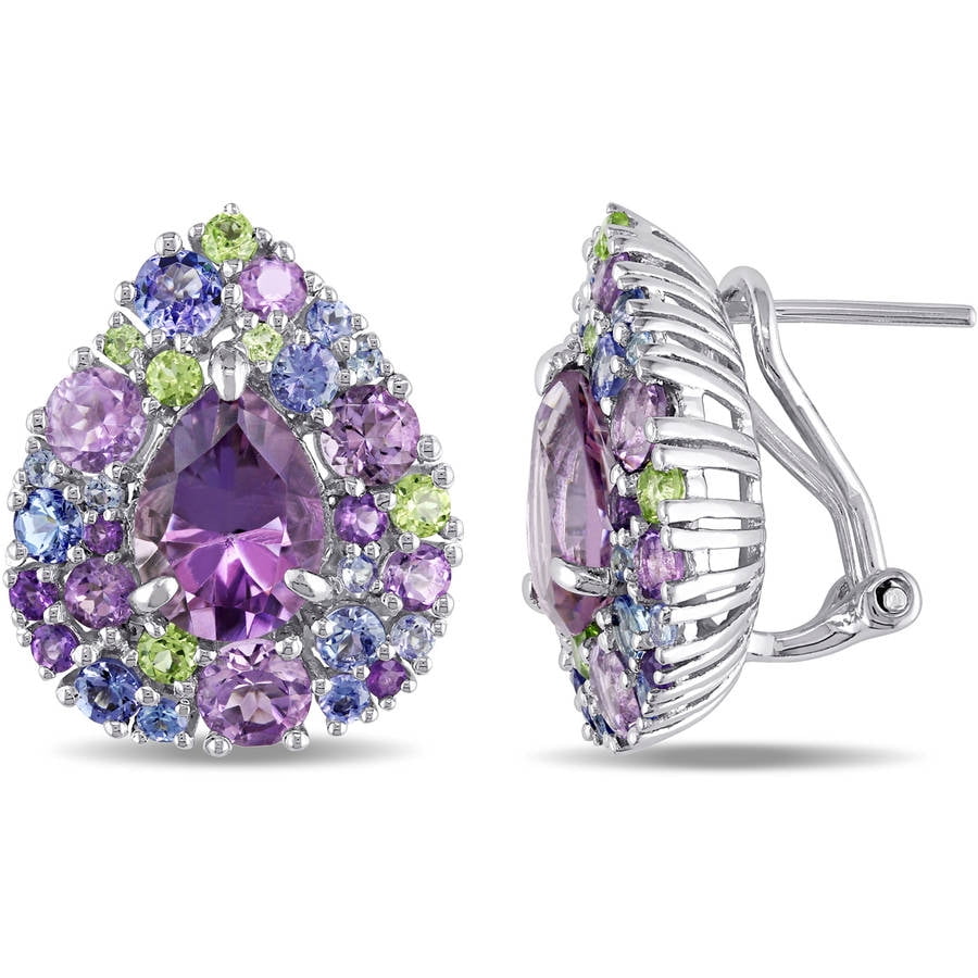 Tangelo 8-1 2 Carat T.G.W. Amethyst, Tanzanite, Peridot and Rose De France Sterling Silver Cluster Leverback Earrings by Tangelo