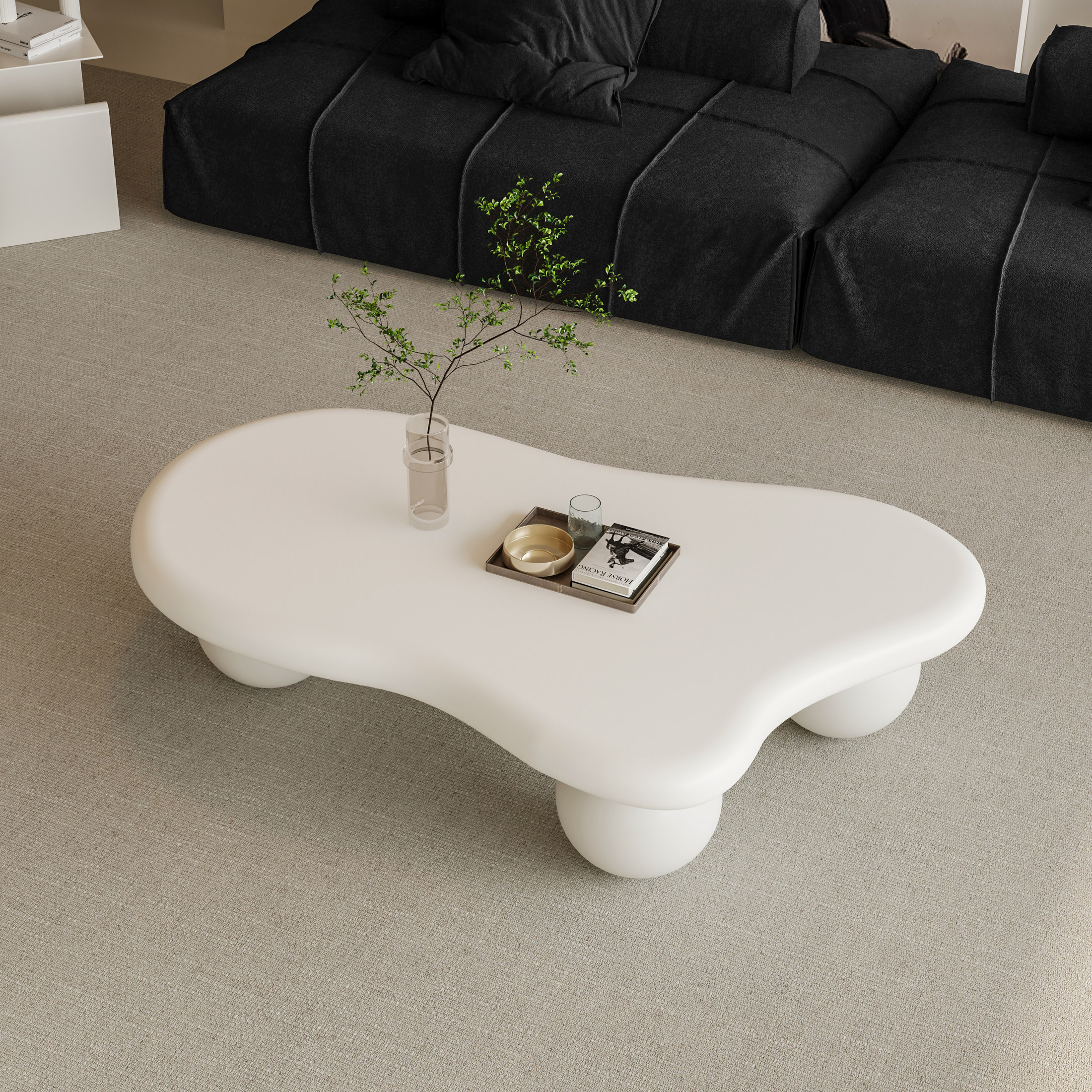 Noble House 47" Cloud Shaped Coffee Table with Ball Legs, Modern Aesthetic Accent Table for Living Room, White