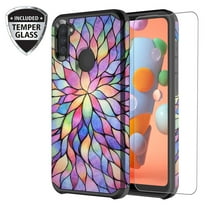 For Samsung Galaxy A21 Case with Tempered Glass Screen Protector for Girls Women, Dual Layer Heavy Duty Protective Phone Cover Cases for Galaxy A21 - Rainbow