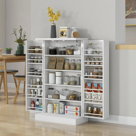 Keepoman Kitchen Pantry Storage Cabinet with 5-Tier Shelf, 12 Spice Racks and Adjustable Shelves, Cabinet for Dining Room, Living Room, Laundry, Bathroom, White