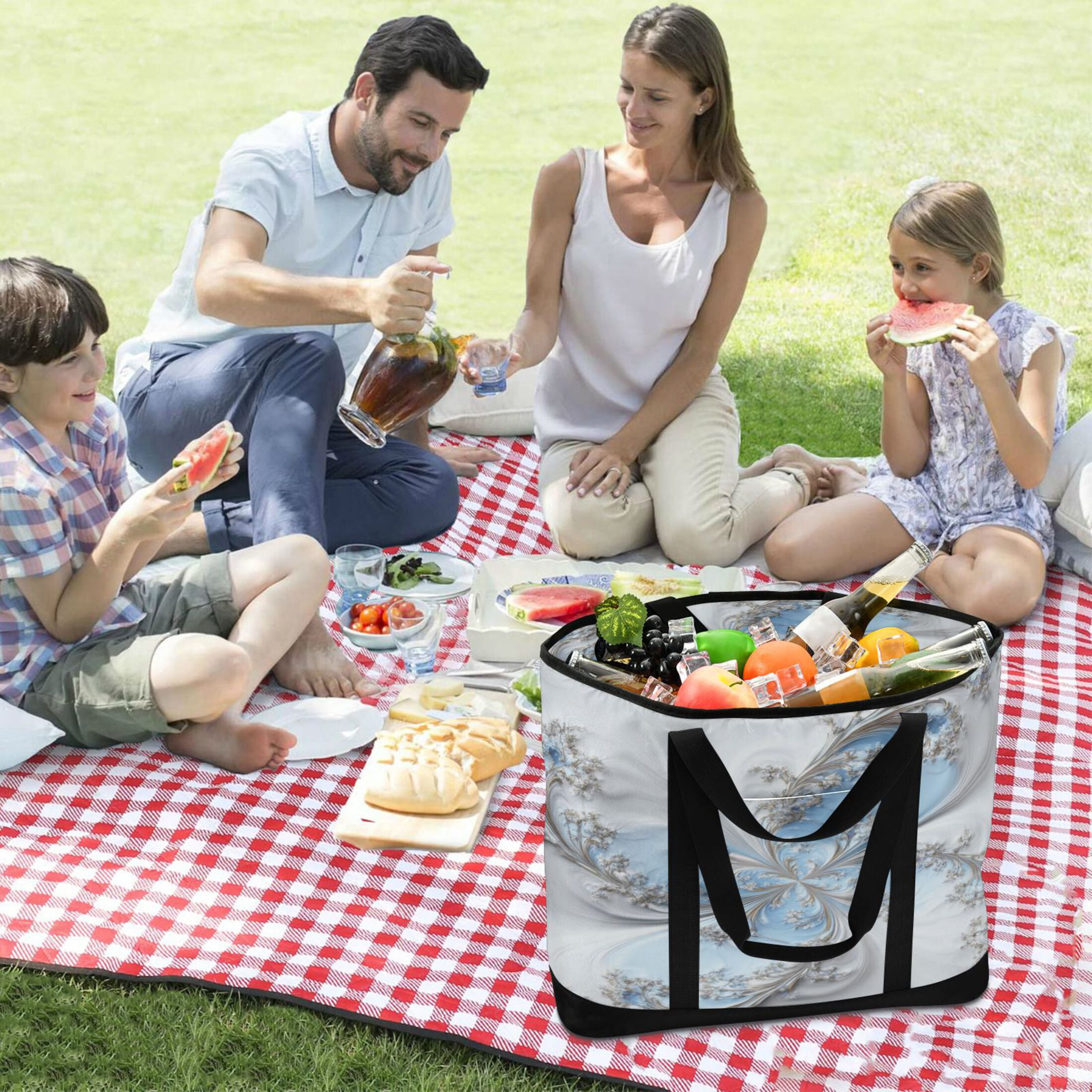 Extra-Large Wide Opening Design Capacity Hand-Held Ice Pack Thickened Insulation Layer For Long-Lasting Cold Retention For Outdoor Shopping Picnics And Camping Gentle White-blue Tones