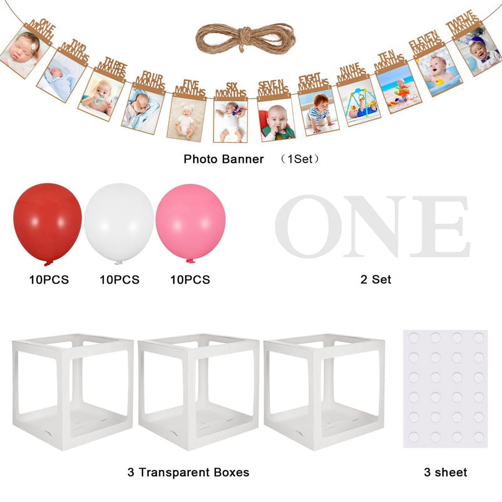First Birthday Balloons Boxes, One Transparent White Balloon Blocks with 3  LED String Lights and 32 Balloons for Girl Boy Baby 1st Birthday Party