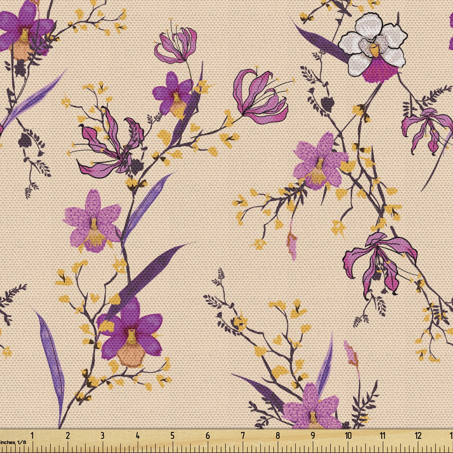 Floral Fabric by The Yard, Delicate Exotic Oriental Flowers Blooming on