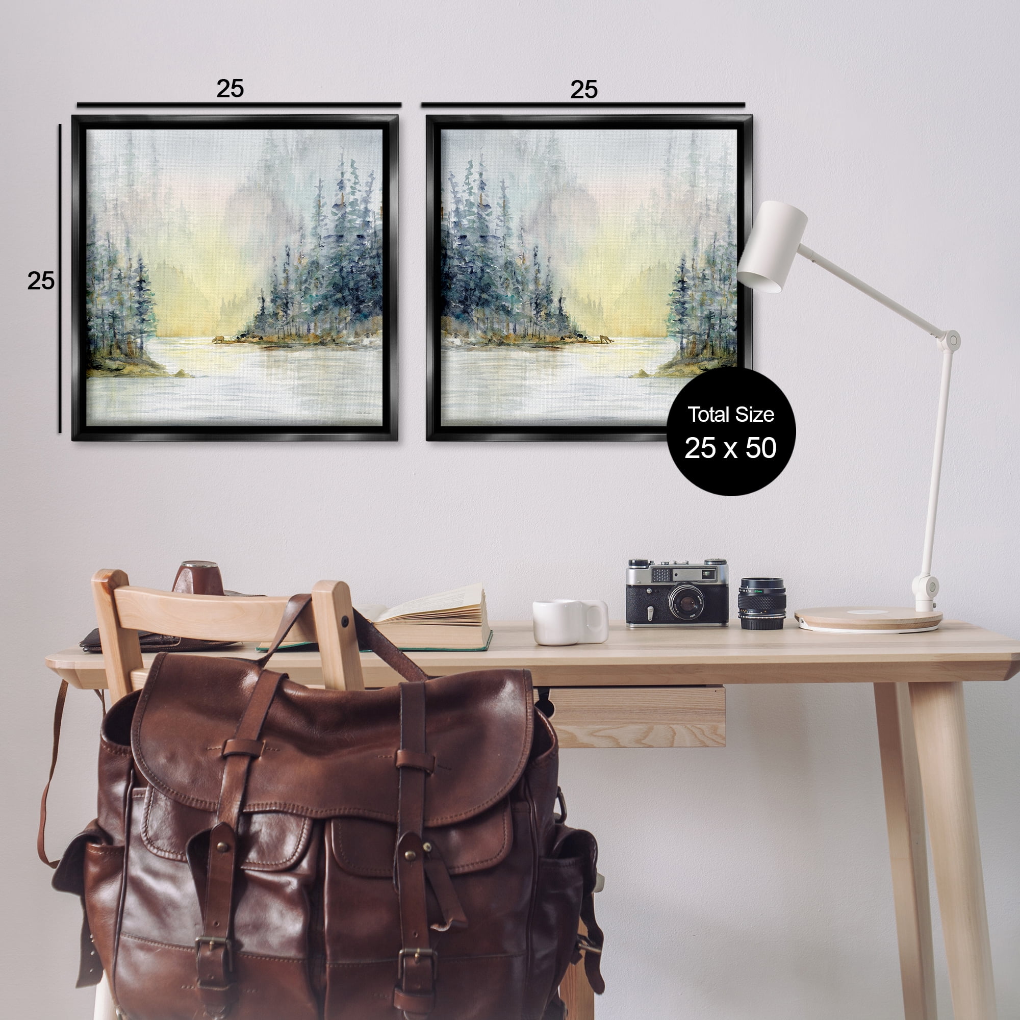 Stupell Industries Distant Deer Bear Pine Trees Landscape & Nature Painting Black Floater Framed Canvas Art Print Wall Art, 25 x 25, Set of 2