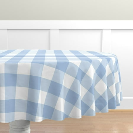 

Cotton Sateen Tablecloth 70 Round - Pastel Blue Buffalo Check Blueberry Plaid Tartan Blue White Country Print Custom Table Linens by Spoonflower