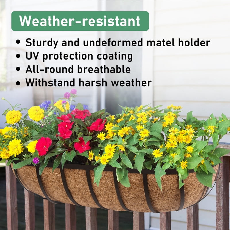 DUNCHATY Window Box Railing Planter 24 Inch with Coco Liner and Brackets, Outdoor Metal Planter for Fence, Porch, Patio, Balcony Garden Decor, Brown