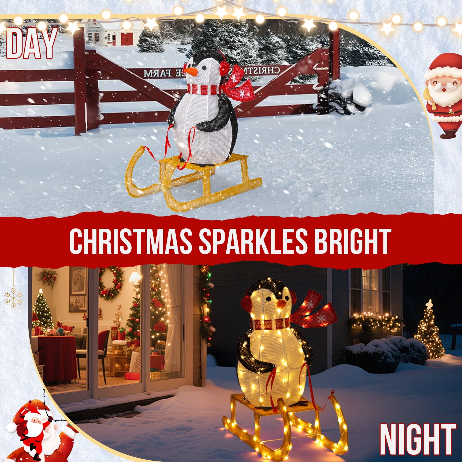 Astoutdoor Lighted Penguin Riding Sleigh Christmas Decoration, Pre-Lit with 130 Warm White LED Lights, Indoor Outdoor Holiday Display, White