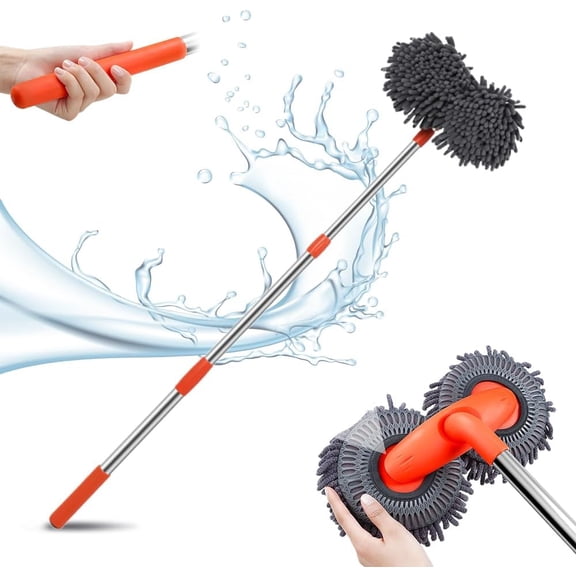 Retractable Double Layer Car Wash Brush, Newest Microfiber Car Wash Brush Car Wash Brush with Aluminum Long Handle, Car Cleaning Kit Car Brushes for Washing Exterior (Single Set)
