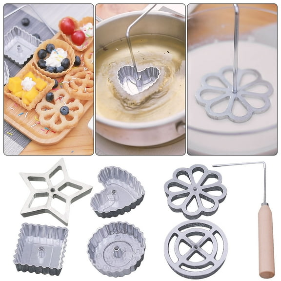 Achappam Mold with Handle Rosette Maker Rosette Cookie Bunuelos Tool Aluminium Cast Waffle Molds Set Star Flower Circle for Kitchen Baking Cooking Housewares(A)