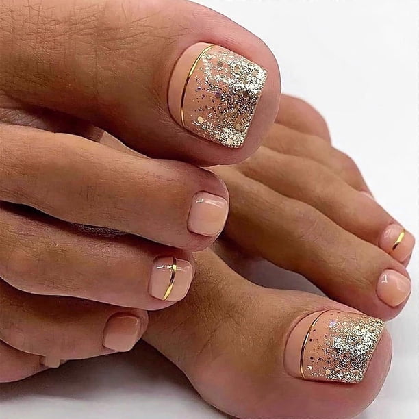 Uñas postizas cortas para los pies, color nude, cuadradas, con punta francesa y diseño brillante, 24 unidades reutilizables.
