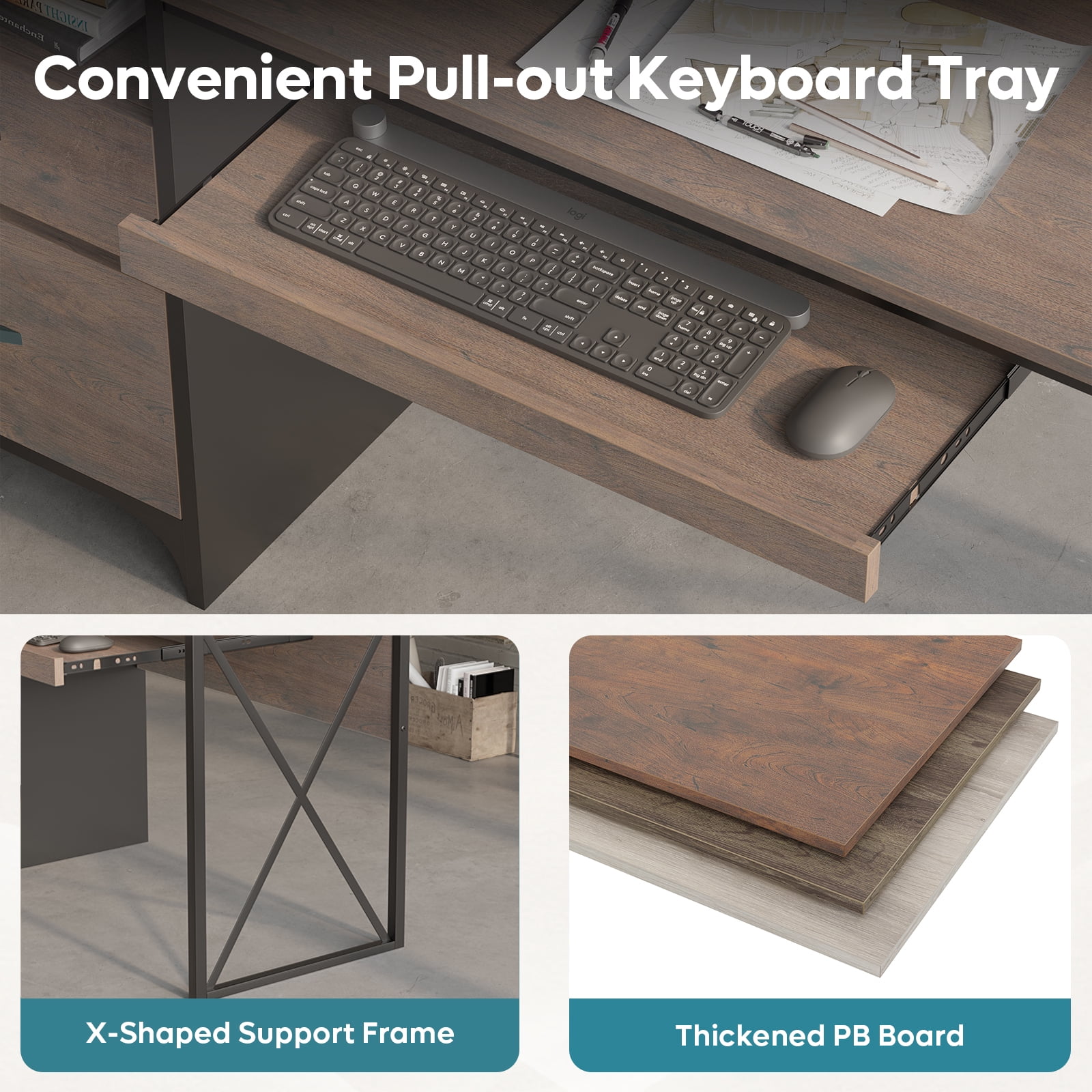 Bestier 55 inch Computer Desk with Storage Drawers & Keyboard Tray & File Drawer Home Office Desk Cherry
