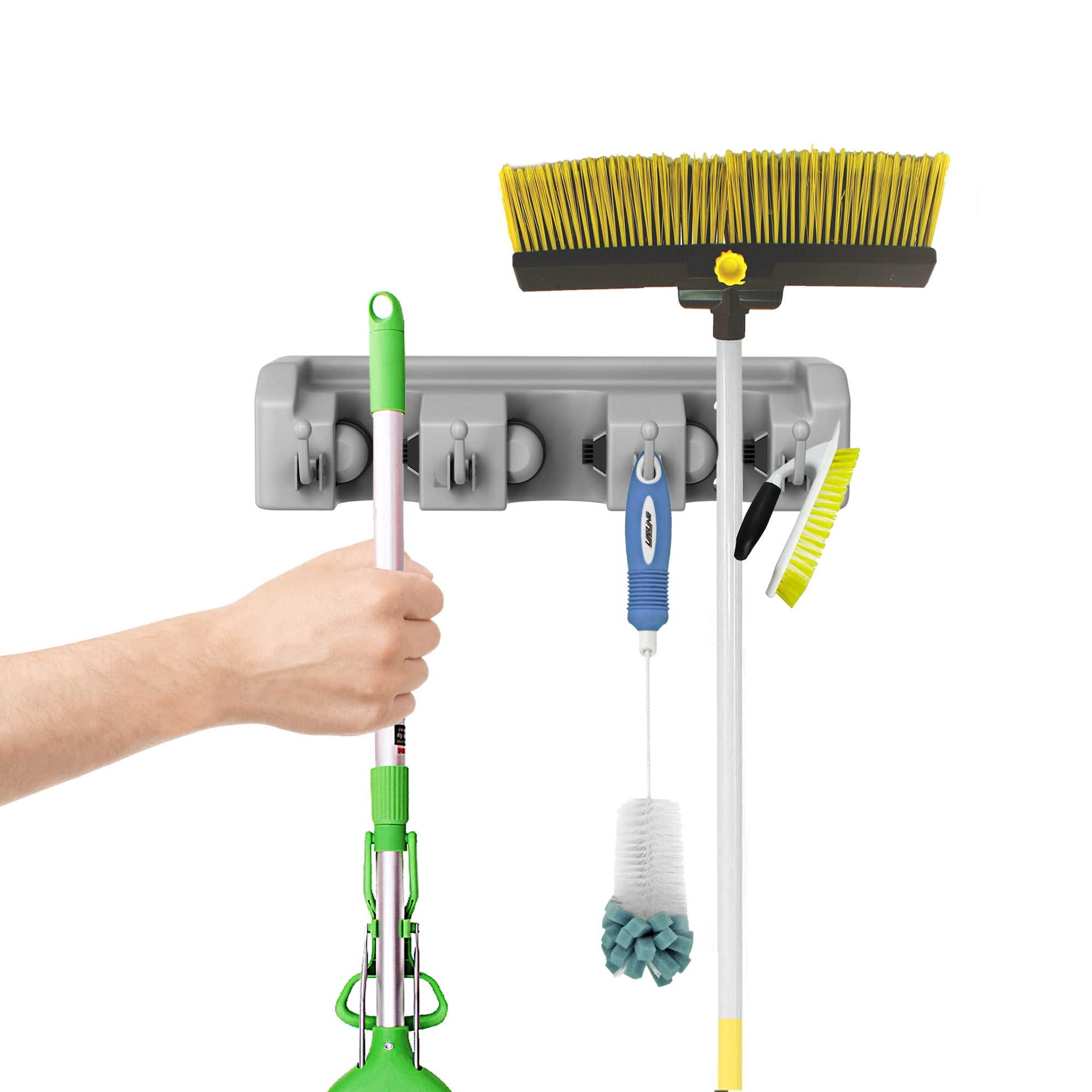 Stalwart 2-Pack Wall Storage Organizer - Garage Utility Rack with 3 Adjustable Slots and 4 Hooks - Ideal for Garden Tools, Mops, and Brooms - Gray