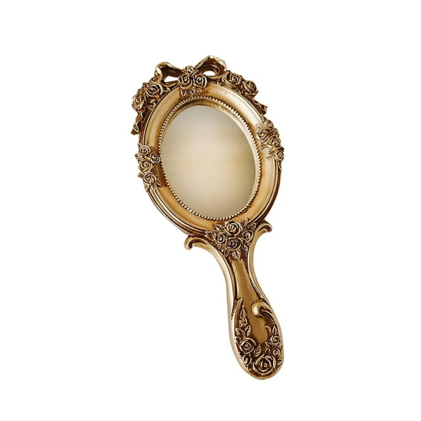 Vintage Hand Mirror Cosmetic Mirror Embossed Flower with Handle Princess Oval Beauty Hand Mirror Handheld Makeup Mirror for Travel Home