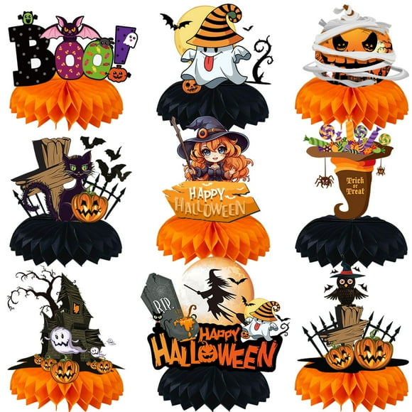 Honeycomb Harvest Party Centerpiece - 3D Pumpkin Ghost Table Decor - Festive Table Toppers for Halloween Celebration - Set of 9 Pieces