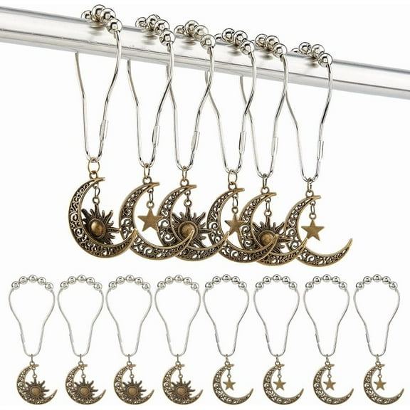 16Pcs 2 Style Iron Shower Curtain Rings for Bathroom with Tibetan Style Alloy Animal Pendants Moon Antique Bronze 115mm 8pcs/style