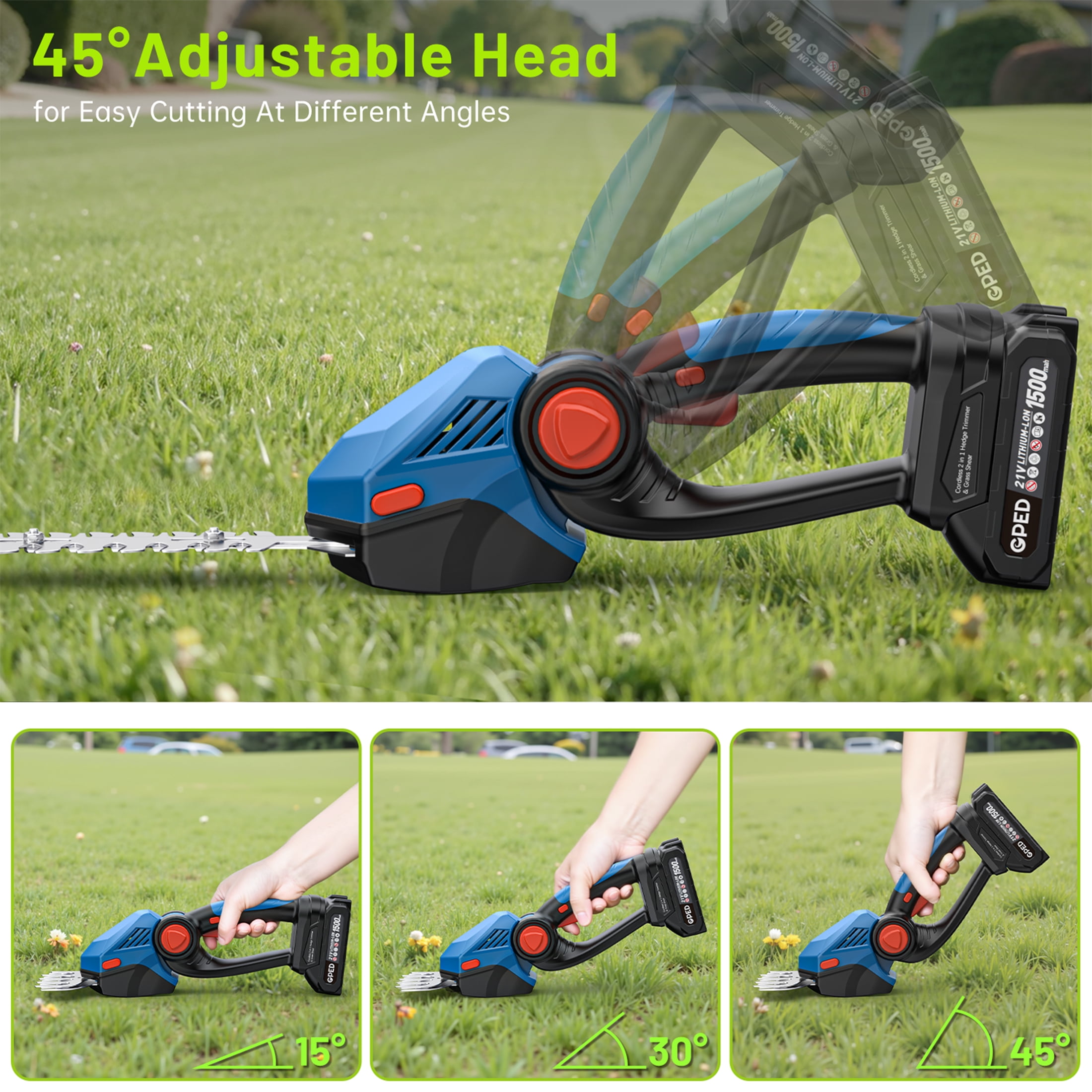 GPED Cordless Hedge Trimmer, 2-in-1 Grass Shears Handheld with 2 Pack Rechargeable Battery, Lightweight Shrubbery Trimmers, Bush Trimmer for Gardens, Yards and lawns, Blue