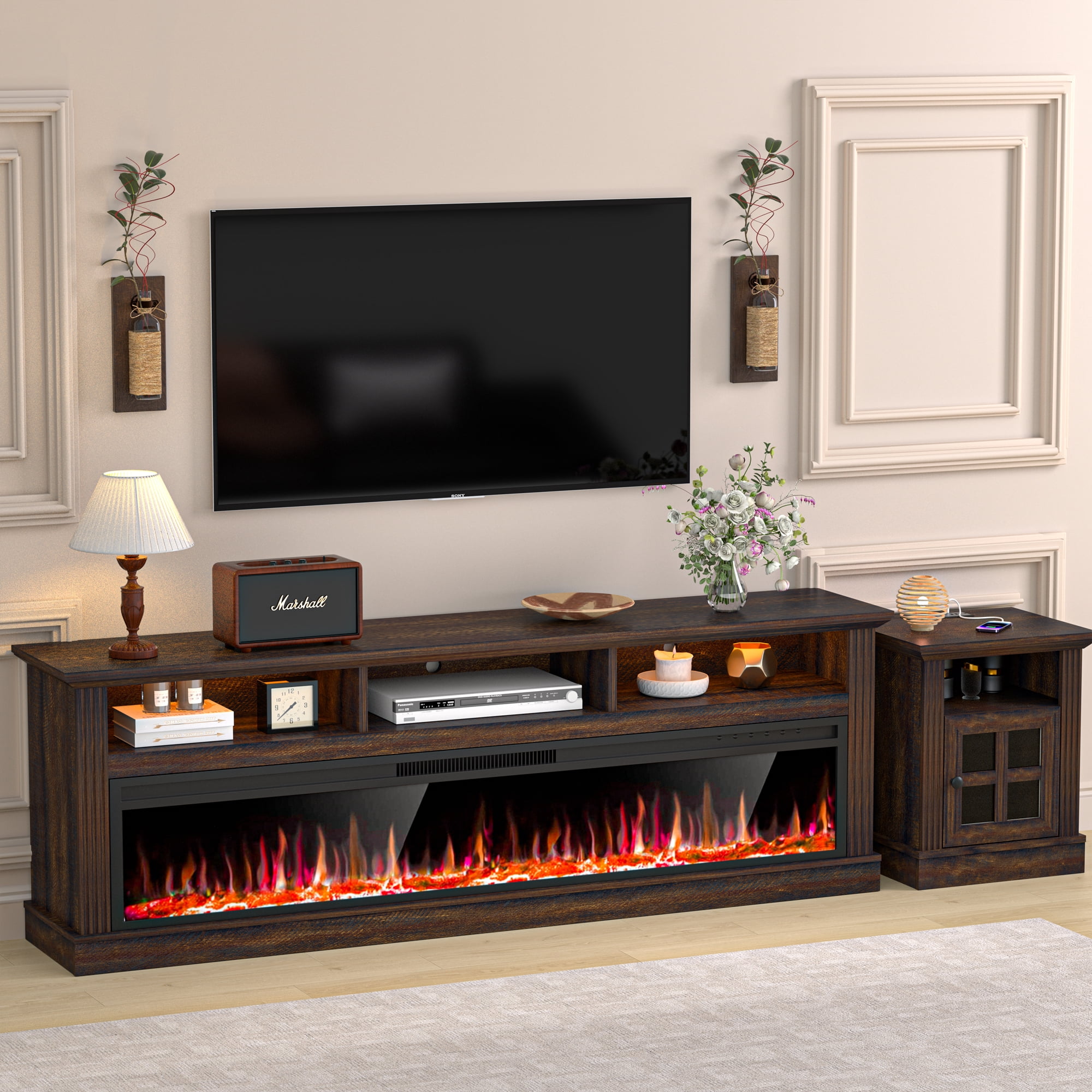 HARIPUL 58" Fireplace TV Stand for TVs Up to 65" with 52" Electric Fireplace,White Entertainment Center with Storage Cabinets,Led Light TV Consoles for Living Room,Brown/Log Fireplace