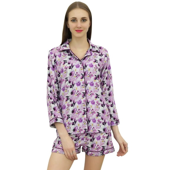 Bimba Womens Purple Rayon Printed Shorts Set Long Sleeve Sleepwear Nightwear - 4