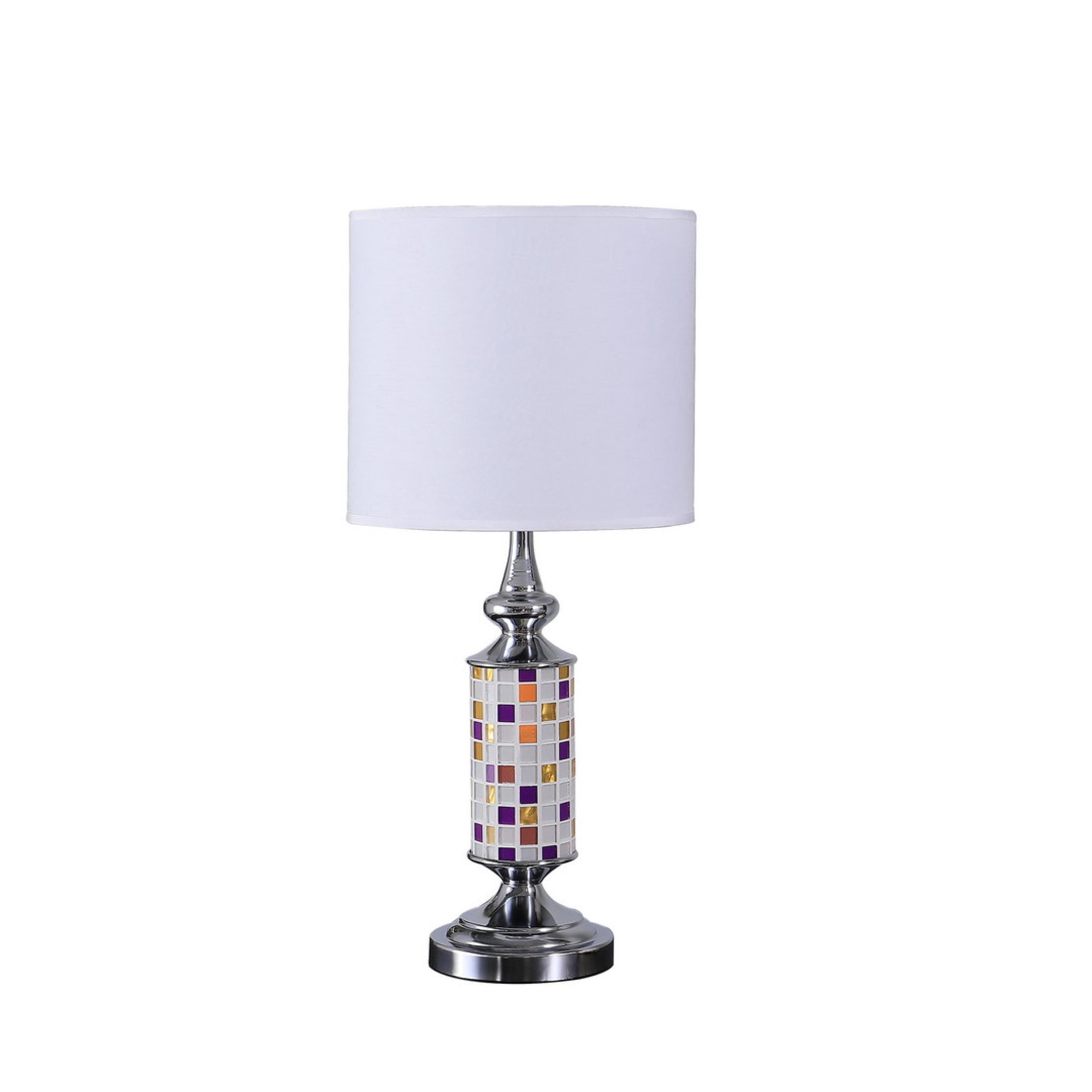 Noble House Vicki 24" Glass Mosaic Table Lamp, Chrome Base, White Drum Shade, E26 Light Bulb, Silver