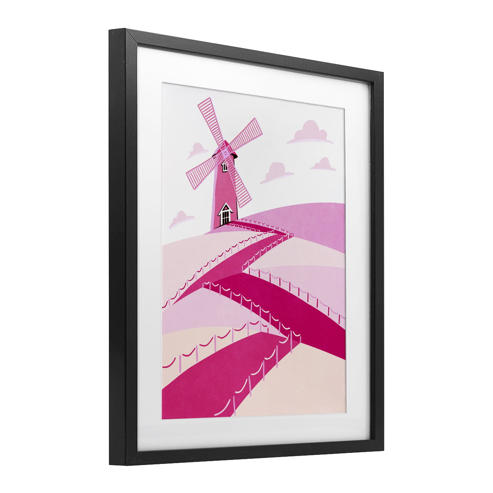 Pink Hills and Windmill Black Framed Print Under Glass, design by Ziwei Li