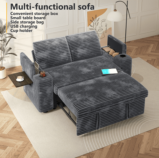 65" Multifunctional Plush Corduroy Loveseat Sleeper Sofa with Pull-Out Bed, Adjustable Backrest, USB Charging Ports, Cup Holders, Side Table & Storage Armrests, Easy Assembly