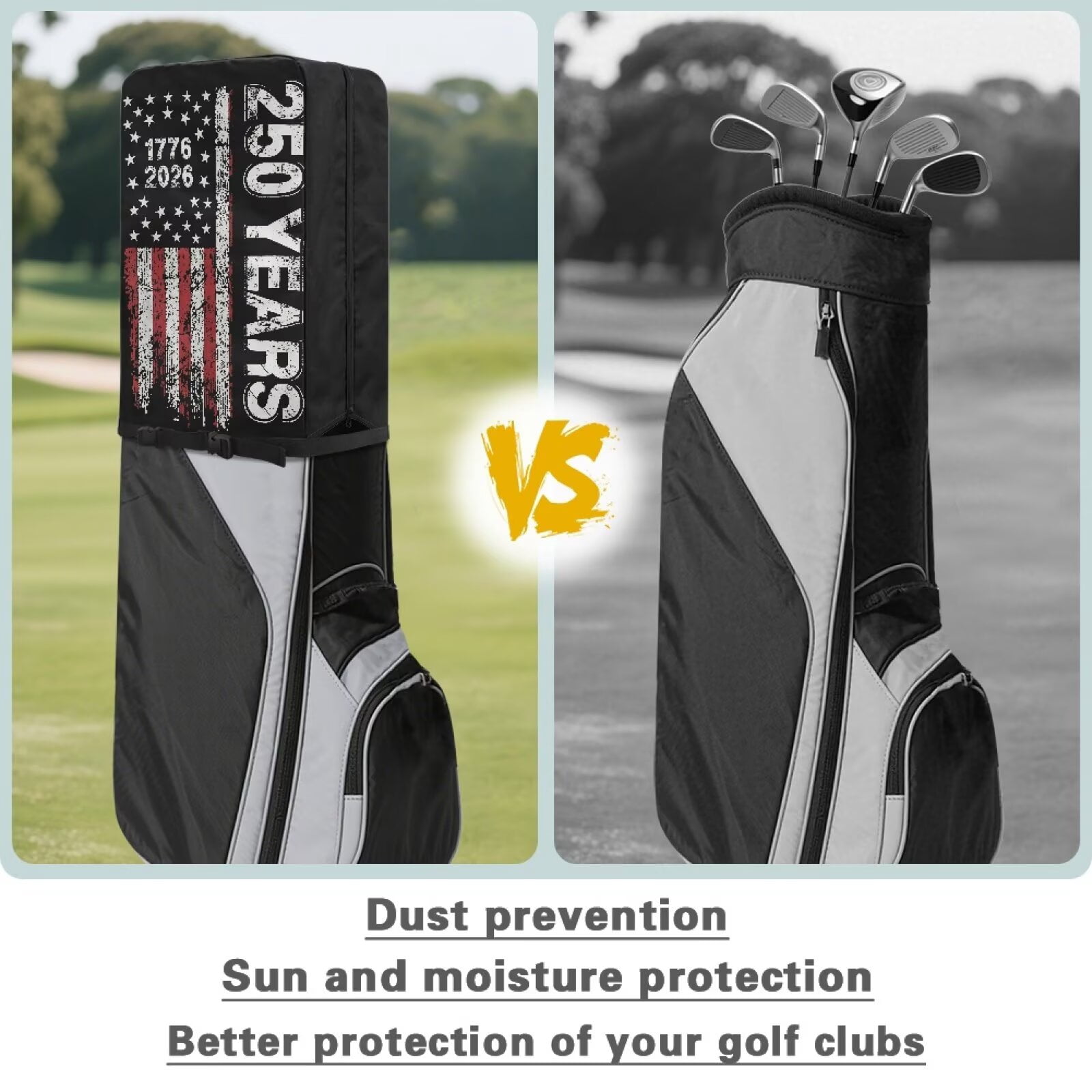 Yuyamidu 250 Years USA Flag Golf Bag Cover 1776-2026 Print Golf Bag Umbrella for Clubs with Snap Button Dust and Sun Protection Fit Most Club Bags