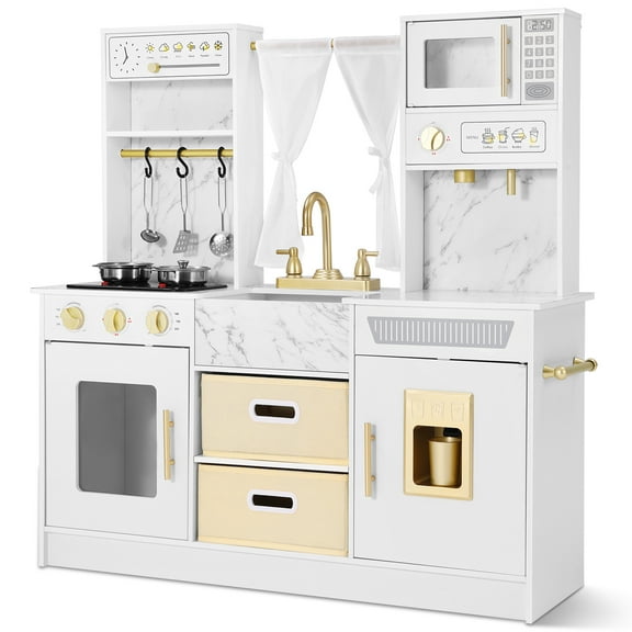 JOYLDIAS Wooden Kids Play Kitchen Playset Chef Pretend Play Set for Toddlers with Ice Cube Dispenser, Oven, Cooking Accessories, Curtains, Storange Box