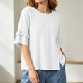 thumbnail image 3 of Ohufall Tshirt for Women 3/4 Sleeve Cotton Linen Loose T Shirt Crew Neck Lace-up Solid Color Ruffle Tops, 3 of 5