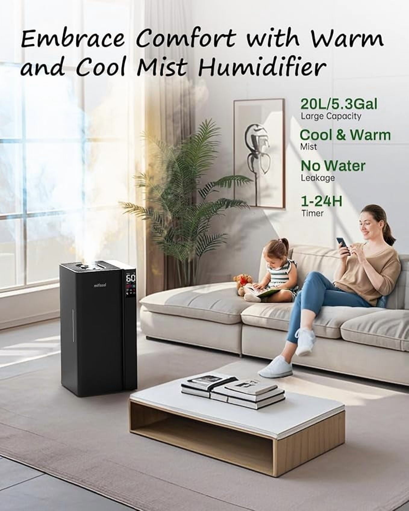 Warm and Cool Mist Humidifier Large Room, 5.3Gal/20L Whole House Humidifiers for Home, Quickly & Evenly Humidify Larger Areas, Top Fill, Dual Mist Nozzles and Atomizers, Office Plants, Black