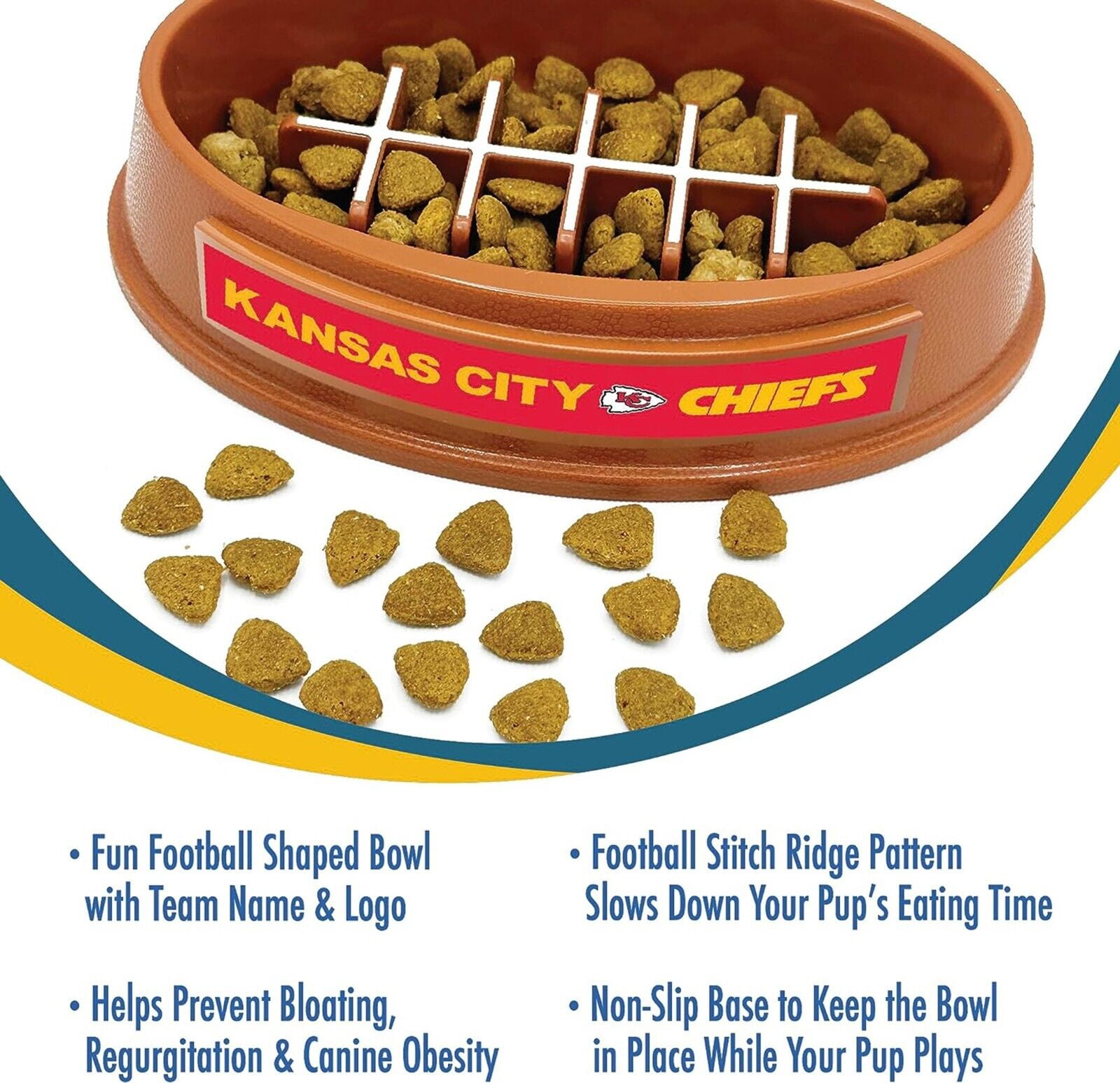 Pets First NFL Kansas City Chiefs Super-Bowl Slow Feeder Bowl for Dogs and Cats, Football Design for Healthy Digestion, Non-Slip, for Large & Small Pet