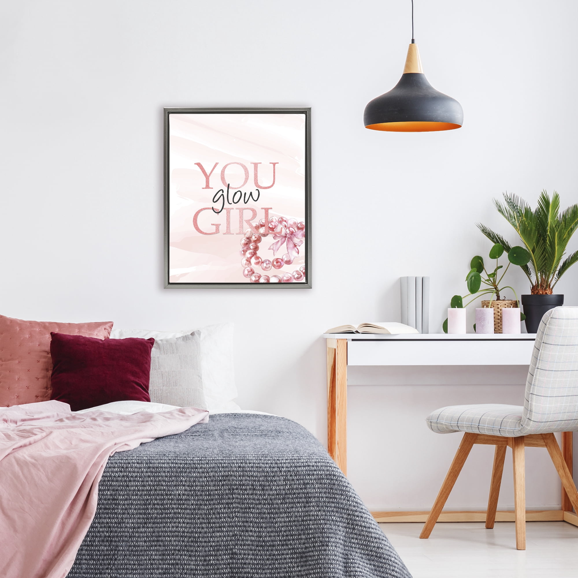 You Glow Girl Feminine Gray Framed Floater Canvas Wall Art, design by Kim Allen