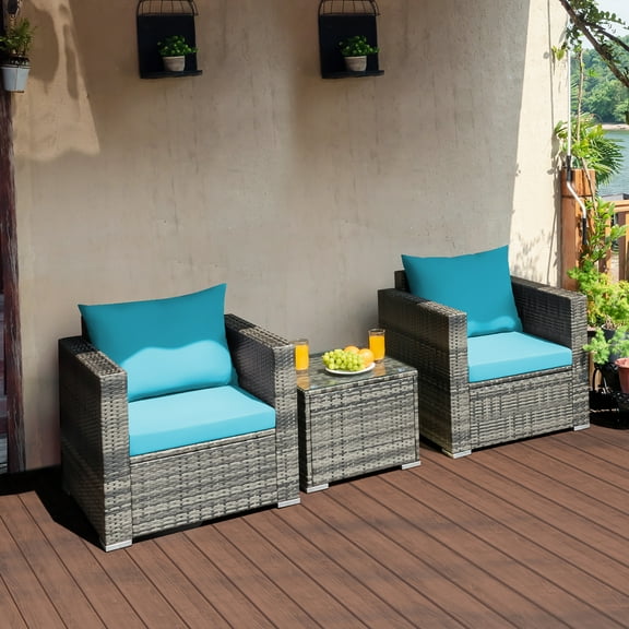 Costway3 PC Patio Rattan Furniture Bistro Set Cushioned Sofa Chair Turquoise