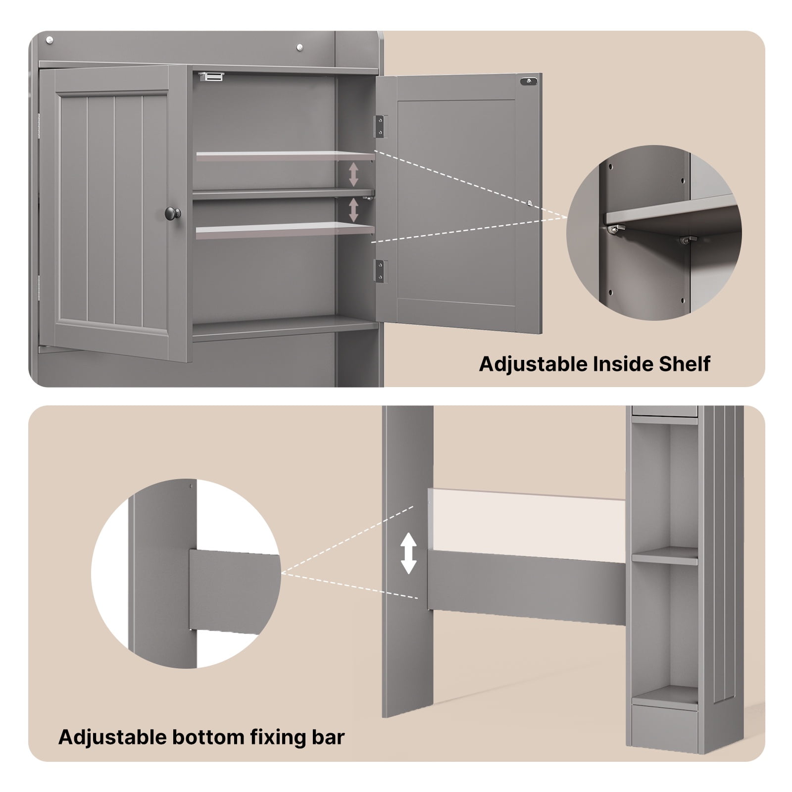 Noelse  Over the Toilet Storage Cabinet, Over Toilet Bathroom Organizer with 2 Doors, Adjustable Shelves, Toilet Paper Holder, 2 Side Hooks, Space-Saver for Bathroom, Laundry, Gray