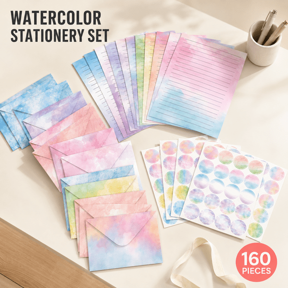 VBNDMAW 160 Pcs Stationery Paper and Envelopes Set, 50 Lined Letter Writing Sheets, 50 Matching Envelopes, 60 Sealing Stickers, Watercolor