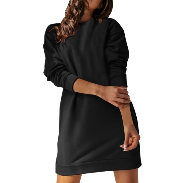 Gibobby Vestido casual para mujer Vestido de suéter de manga larga con cuello redondo para mujer Vestido casual suelto de lana de color sólido(Negro,G)