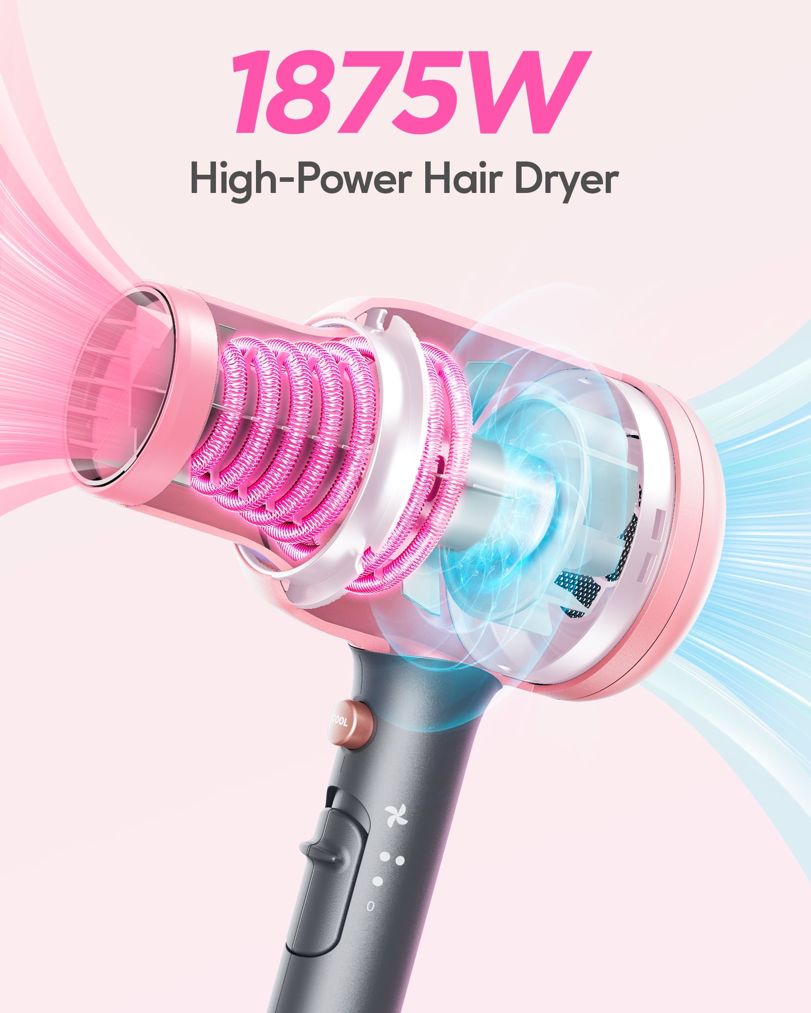 Wavytalk Hair Dryer with Diffuser Ionic Blow Dryer with Powerful 1875W Motor for Fast Drying, Pink