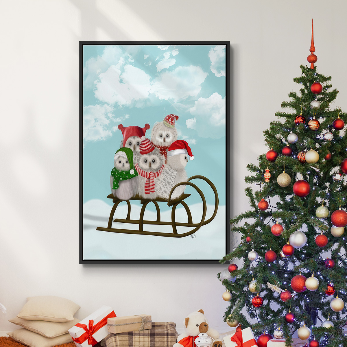 Christmas Christmas Owl Sled - Framed Gallery Wrapped Holiday Canvas - 27 x 41 - Black Frame