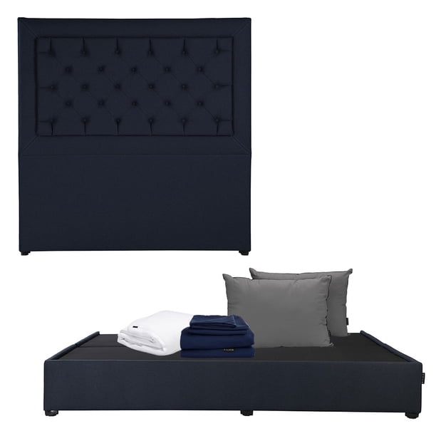 Box Base Cama King Size + Cabecera Mary Azul + Almohada 2Pack + Protector Cloud + Sabanas Softy