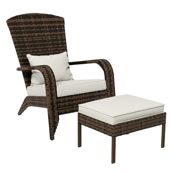 Patio Wicker Adirondack Chair with Ottoman, Outdoor Chair with Cushions, High-Back, Large Seat & Armrests for Deck, Garden & Backyard, Cream White