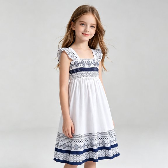 Big Kid Dress Sleeveless Floral Printed Tiered Swing Airy for Summer and Party Charming Dress Set